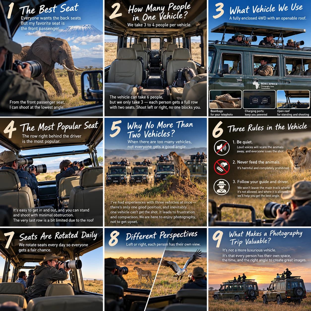 Nine-panel visual summary of the photography vehicle setup: front seat angle, group size, vehicle type, bean bags and charging ports, seat positions, two-vehicle maximum, three rules, daily rotation, and why space matters.