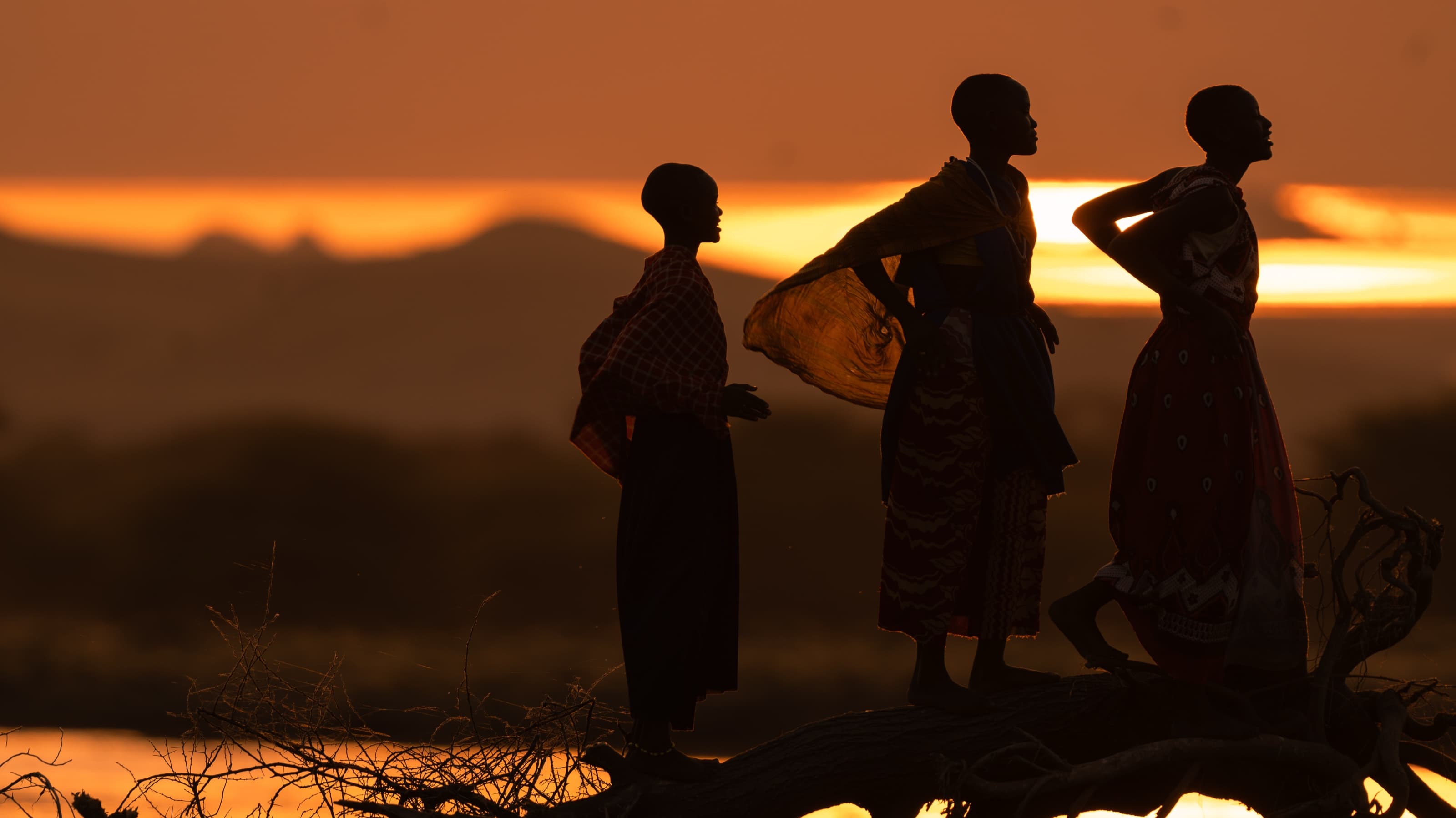 Three people standing in a line in silhouette on a fallen tree, looking out over a lake, against a burning orange sunset sky.