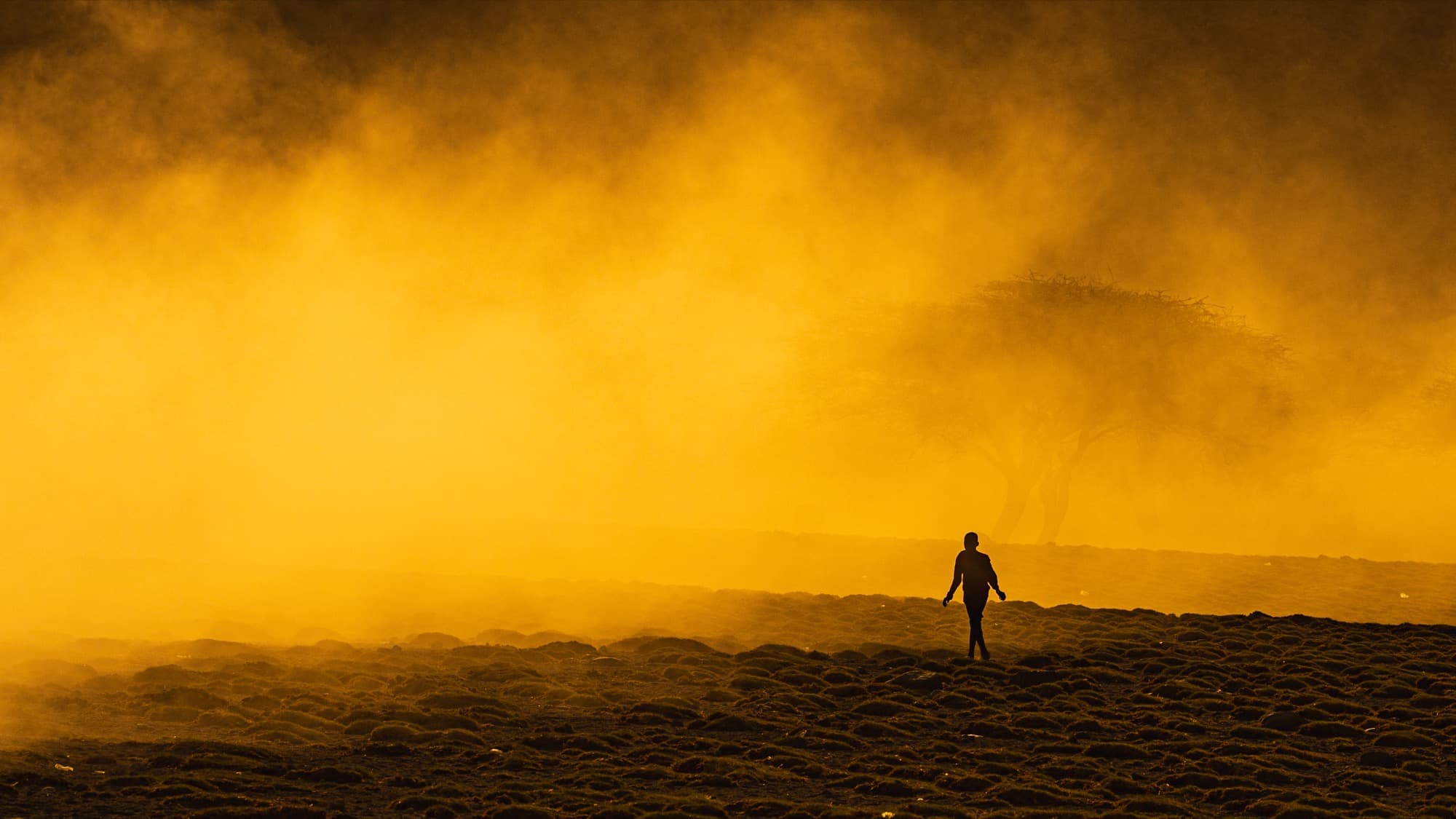 A lone human figure completely silhouetted deep within a column of amber-tinted volcanic steam rising from the Natron lakeshore.